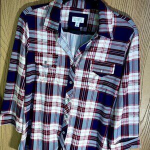 Market & Spruce Balsman Womens Plaid Button Down 3/4 Sleeve Knit Top Size Medium